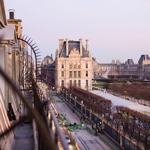 Paris Photography - Balcony View in Paris, Louvre Paris, French home decor, Living room art, Winter scene, Large Wall Art, Fine Art Print