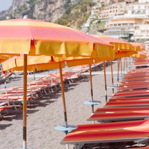 Italy Photography - Positano, Beach umbrellas,  Summertime, Italian coast, Orange art, Italian home decor, Large Wall Art, Fine Art Print
