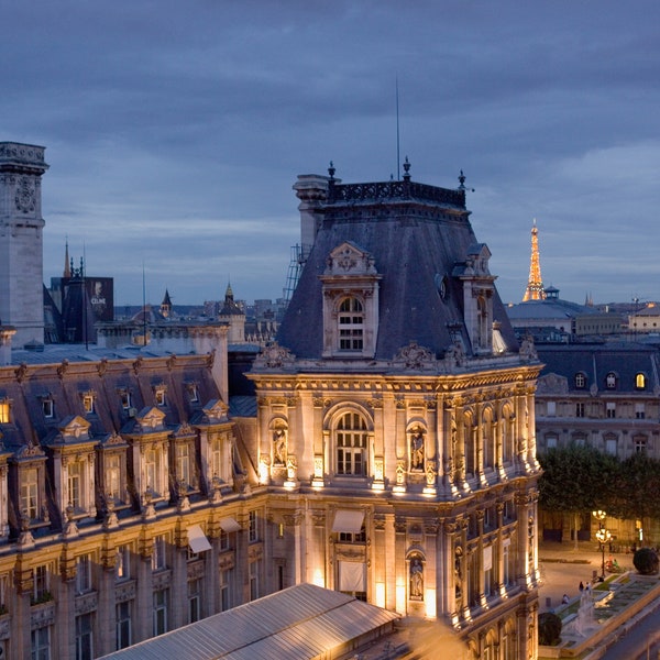 Paris Photography - Paris at Dusk, Paris rooftops, Eiffel Tower, French home decor, Living room art, Gallery Wall, Large Wall Art, Fine Art