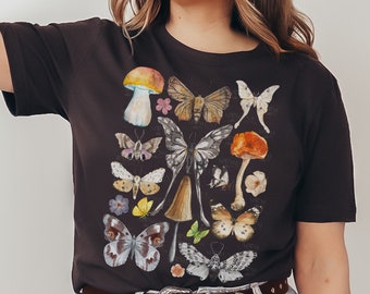 Vintage Moth & Mushroom Shirt, Cottagecore Aesthetic shirt, Nature Lover Tee, Gift for Her, Fungi Botanical Shirt, Whimsigoth Clothing Women
