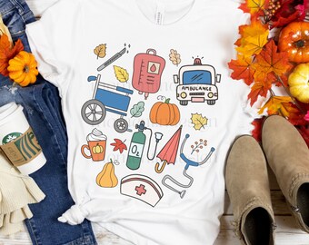 Cute Fall Doodles Nurse Shirt, Halloween Nurse Tshirt, Thanksgiving EMT Tee, Spooky Season Shirt for Healthcare Worker, Nursing Student Gift
