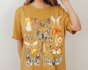 Women Moth & Mushroom Watercolor Shirt, Fairycore Grunge Tshirt, Mycology Tee, Granola Girl Top, Whimsigoth Botanical Clothing, Nature Lover