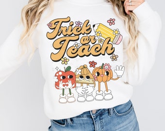 Teacher Halloween Shirt, Halloween Teacher Sweatshirt, Fall Shirts for Teachers, Vintage Halloween Teacher Tees, Trick or Teach Crewneck