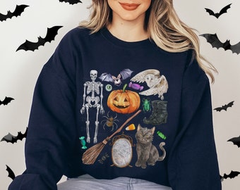 May include: Navy blue sweatshirt featuring a Halloween-themed graphic. The design includes a skeleton, pumpkin, owl, spider, cat, and other spooky elements. The word "NAVY" is printed at the top left.
