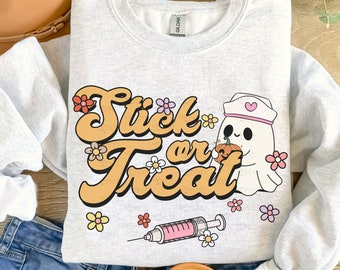 Stick or Treat Halloween Nurse Sweater, Spooky Nurse Sweatshirt, Nurse Halloween Gifts, Halloween Party Shirt, Nurse Halloween Crewneck