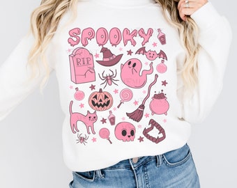 Retro Colorful Ghost Halloween Sweatshirt, Trendy Y2k Halloween Crewneck, Pink Aesthetic Halloween Shirt, Spooky Season Pumpkin Mama Sweater
