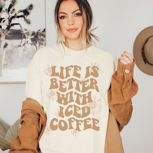 Trendy Oversized Summer Tshirt, Retro Iced Coffee Lover Tee, Funny Coffee Addict Shirt, Aesthetic Floral Shirt, Gift for Coffee Lover