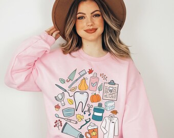 Pink Dentist Halloween Sweater, Women's Fall Dental Assistant Crewneck, Autumn Dental Hygienist Shirt, Orthodontist Sweatshirt, Dentist Gift