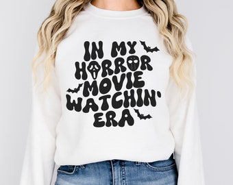 In My Horror Movie Watching Era Sweatshirt, Scary Movie Lover Crewneck, Vintage Halloween Sweater, Trendy Ghost Shirt, Halloween Movie Gift