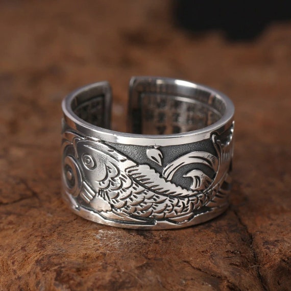 Koi Fish Ring Silver Mens Ring Fish Ring Adjustable Ring Etsy