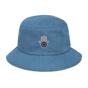 Embroidered Hamsa Evil Eye Nazar Denim bucket hat