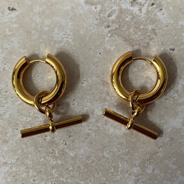 T-Bar Hoop Earring| Chunky Gold Earring| Skinny Bar Huggie Hoops Earrings Gold T-Bar Hoops| Stackable Earring| Trendy Earring