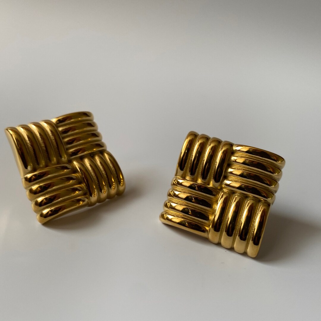thumbnail image 2 of Large Square Gold Earrings – Matt Gold Chunky Beaten Studs – Statement Drop Design 2 of 4