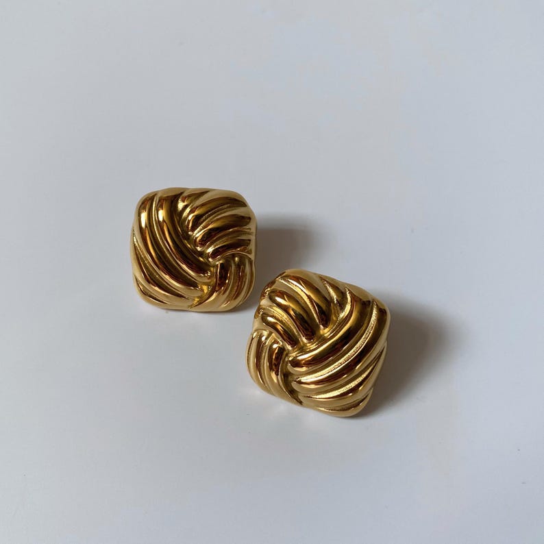 Large Gold Square Earring Gold Square Studs Earring 90s Style Textured