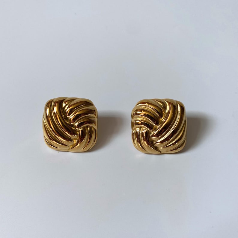 Large Gold Square Earring Gold Square Studs Earring 90s Style Textured