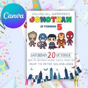 Editable Superheroes Birthday Invitation Template Printable Birthday Party Invitation Kids Party Invite Template Superhero
