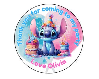 48 Personalised Stitch Birthday Stickers Party Thank You Sweet Cone Bag