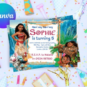 Puede incluir: Una invitación de cumpleaños colorida con personajes de una popular película de animación. La invitación dice "Sophie cumple 5 años" e incluye detalles de la fiesta. El diseño presenta un tema tropical azul y verde con personajes de dibujos animados.