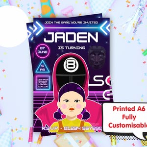 Peut inclure: Une invitation d'anniversaire rose et bleue néon pour un enfant nommé Jaden qui fête ses 8 ans. L'invitation représente un personnage de dessin animé portant une veste à capuche rose et un masque noir avec le chiffre 8 dessus. Le texte "Join the game, you're invited" est en haut de l'invitation. L'invitation comprend également la date, l'heure et l'adresse de la fête.