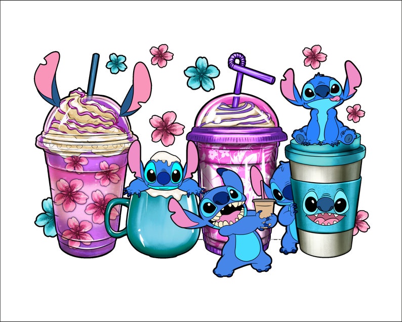May include: A vibrant illustration featuring the character Stitch from Lilo & Stitch with various beverages. Stitch is depicted with several drinks, including a coffee cup and a pink floral-patterned drink with whipped cream, all set against a black background with floral accents.
