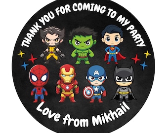 48 Personalised Superhero Birthday Stickers Party Thank You Sweet Cone Bag