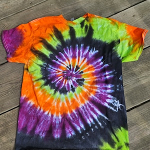 Halloween/fall Orange purple bright green black spiral tie dye tshirt, adult tshirt, youth tshirt, tie dye tshirts, spiral tie dye
