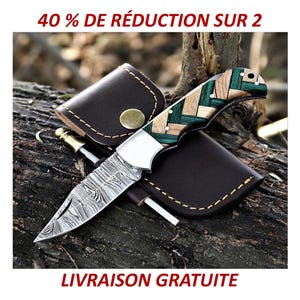 Couteau pliant de poche en acier Damas fait à la main, manche en bois d’olivier unique, pochette en cuir, cadeau pour elle