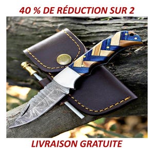 Couteau pliant de poche fait main en acier de Damas, manche unique en bois d'olivier, étui en cuir, cadeau de Pâques pour lui