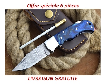 6Pcs Wholesale Lot Personalized Pocket Folding Knives Blue / Brown Wood Handle With Leather Sheath Gift For Men, Him, Collectors, Daily Use