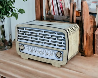 White Nostalgic Radio Look Piggy Bank , White Wooden Piggy Bank , White Coin Bank, Money Bank