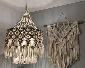 Handmade Macrame Chandelier, Boho Pendant Lamp, Hanging Light