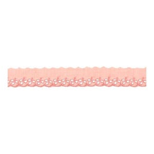 May include: A pale pink cotton lace trim with a scalloped edge and a delicate floral design.