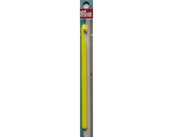 May include: A yellow plastic crochet hook size 7, packaged in a clear plastic sleeve with a blue and white label that says "Prym" and "7".