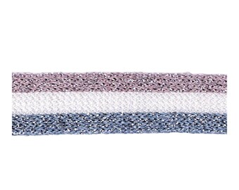 May include: A close-up of a pink, white, and blue striped ribbon with a metallic sheen.