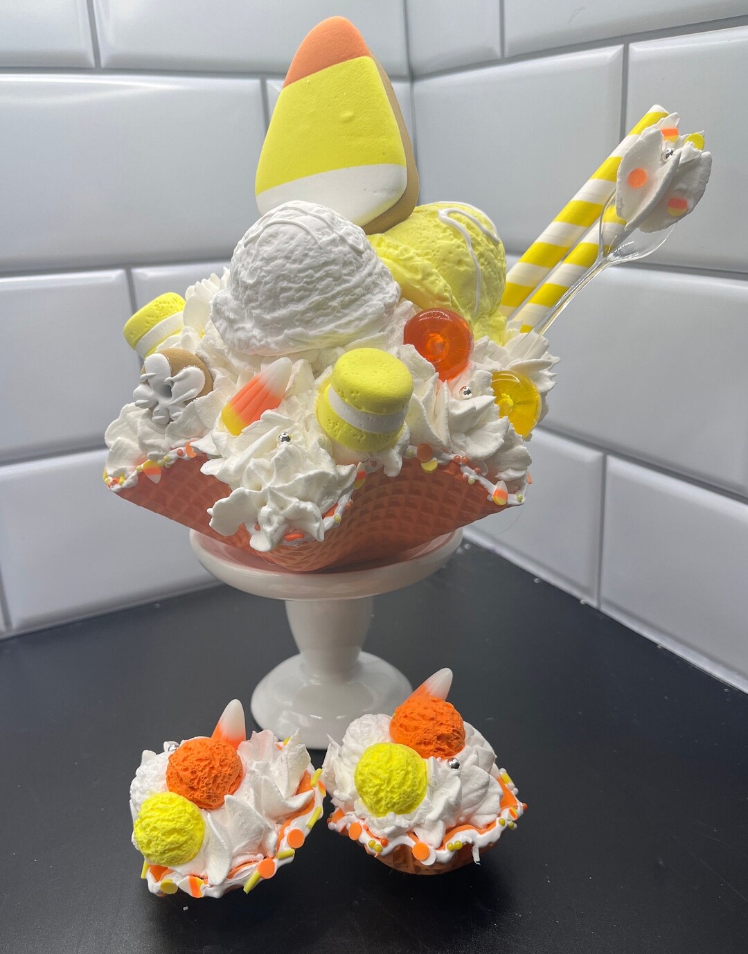Faux Candy Corn Halloween Waffle Bowl With Ice Cream Scoops and ...