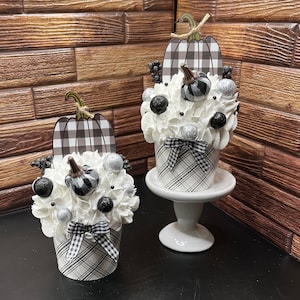 Faux Fall Cupcake Decor | Gray Pumpkins with Black and White Buffalo Check Pumpkin