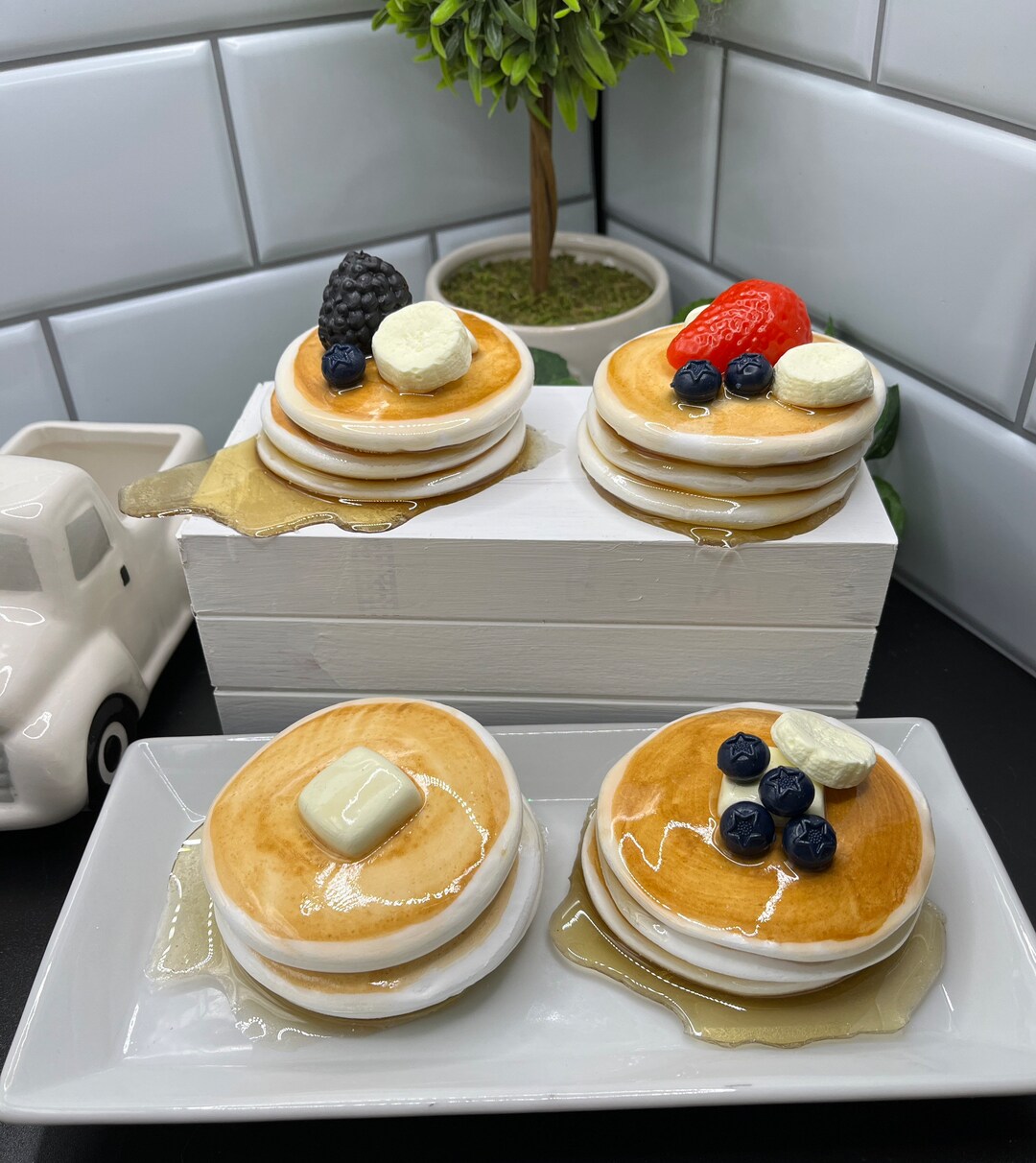 Faux Mini Pancake Stack With Butter or Fruit With Spill Over Resin