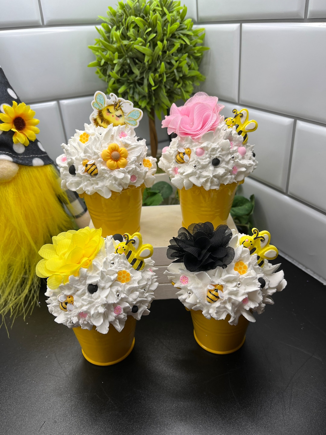 Bumblebee Kitchen Decor Faux Dessert in Metal Bucket Beehive Decor