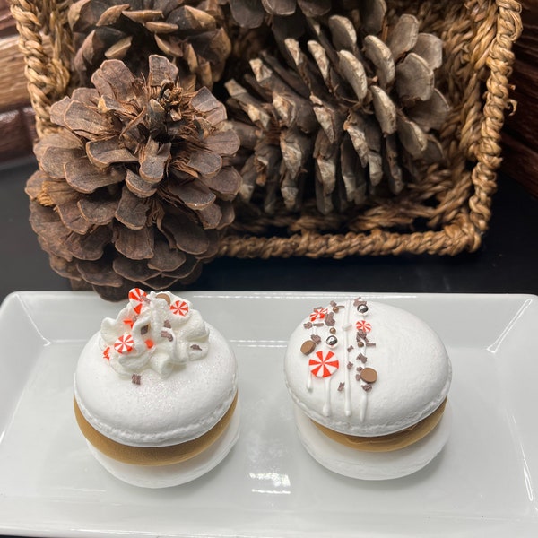 Faux Christmas Hot Chocolate Macaroon Cookie with Candy Cane Peppermint Decor