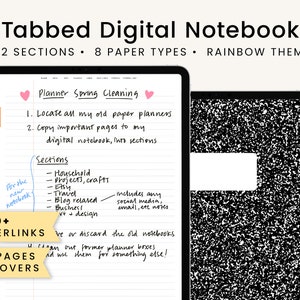Könnte beinhalten: Ein digitales Notizbuch mit Regenbogen-Thema, 12 Abschnitten, 8 Papierarten, über 1000 Hyperlinks, 110 Seiten und 18 Covern. Das Notizbuch ist auf einer Seite mit dem Titel "Planer Frühlingsreinigung" geöffnet, auf der eine Liste mit Aufgaben steht. Der Text "Für das neue Notizbuch" ist handschriftlich verfasst.