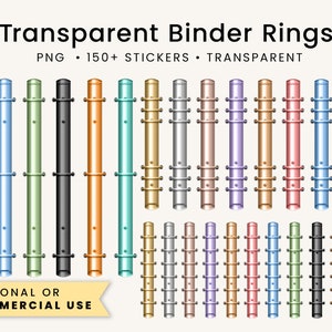 May include: A set of 150+ transparent binder rings in various colors, including silver, gold, rose gold, blue, green, and black. The rings are arranged in rows and are ready for use in a binder or planner.