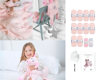 Pode incluir: Um kit de manta e brinquedo de crochê de porco rosa. O kit inclui fio, enchimento, um gancho de crochê e instruções. O produto acabado é um porco rosa com uma manta rosa.