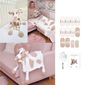 Peut inclure: Un kit de couverture de vache en crochet avec du fil blanc et brun, un crochet, du rembourrage et des instructions. Le kit comprend un modèle pour réaliser une couverture de vache avec une tête de vache en crochet attachée.