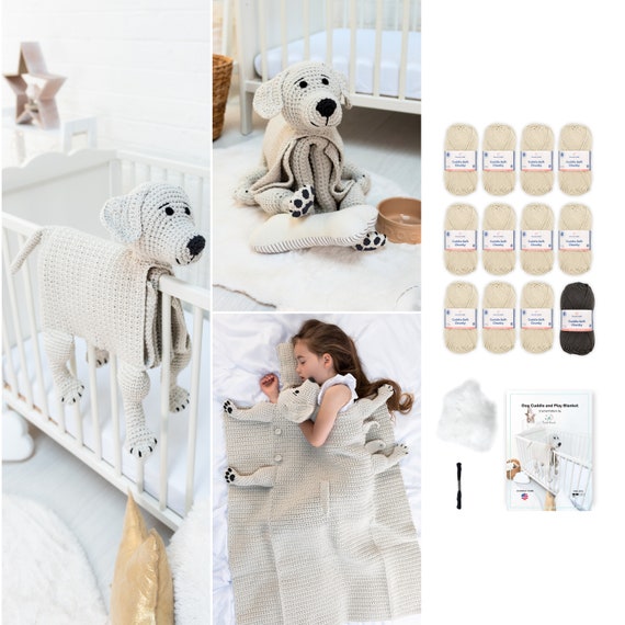 DIY Crochet Yarn KIT Beige Cuddle and Play Dog Blanket Baby Child Adult  Size Yarn Crochet Pattern Toy Stuffing Labrador Blanket