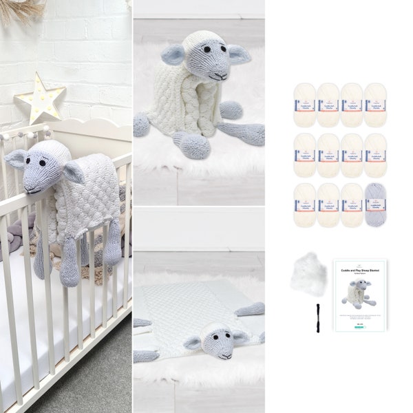 KIT DE LAINE MOUTON EN MAILLE | Ensemble de couverture en tricot | Couverture tricotée en mouton pour bébé Cuddle and Play | Rembourrage pour jouets | Modèle de couverture en tricot de mouton |