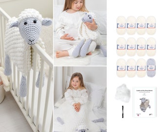 May include: A white and gray crochet sheep toy and blanket set. The sheep has a fluffy white body, gray head and legs, and is shown hanging on a crib and as a blanket. Also shown are yarn skeins, stuffing, and a pattern.