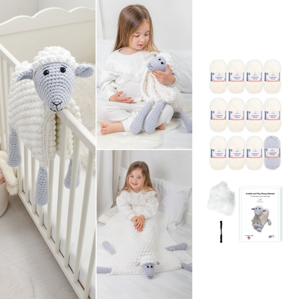 DIY Crochet Yarn KIT | Cuddle and Play Sheep Blanket | Baby Child Adult Size | Crochet Pattern | Toy Stuffing | Yarn | Crochet Blanket Kit