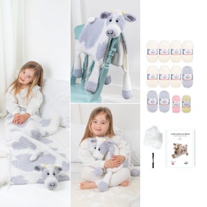 DIY Crochet Yarn KIT | Silver Grey and White Cuddle and Play Cow Blanket | Baby Child Adult Size | Yarn | Toy Stuffing | Crochet Pattern Kit