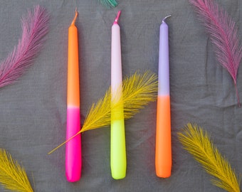 3 Dip Dye Tapered Candles, Mixed Neon Colours