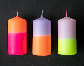 3 Dip Dye Pillar Candles, Mixed Neon Colours